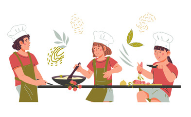 Cooking children characters for cooking class banner or poster. Chief master class for kids, culinary classes with children prepare food, flat vector illustration on white.
