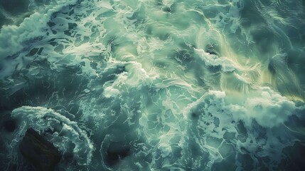 Bird's-eye view of ocean waves meeting a rugged rocky coast, in seafoam green and cream, ultra HD, minimalist and elegant