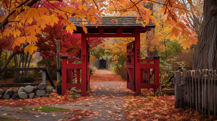 "Maple Canopy Over Red Entrance Gate: A Tranquil Welcome"
"Red Entrance Gate with Maple Canopy: Serene Landscape Feature"