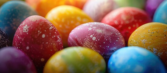 Close up macro of colorful Easter eggs embodying holiday cheer and the spirit of a happy Easter with copy space image