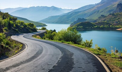 Beautiful landscape of winding asphalt road near the lake