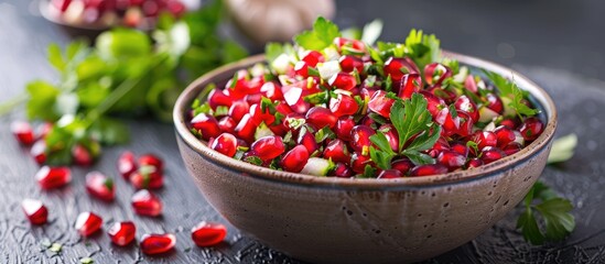 A colorful salad of pomegranate seeds mixed with fresh greens makes a healthy and nutritious meal or snack displayed on a rustic table with copy space for a background Ideal for keto paleo veggie veg