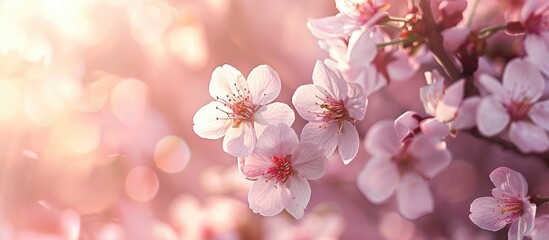 Naklejka premium Close up of blooming cherry blossoms with copy space image