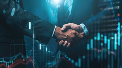 Chart graph with up arrow hologram and businessmen handshake on technology background. Rise chart bar. Stock market or growth business 