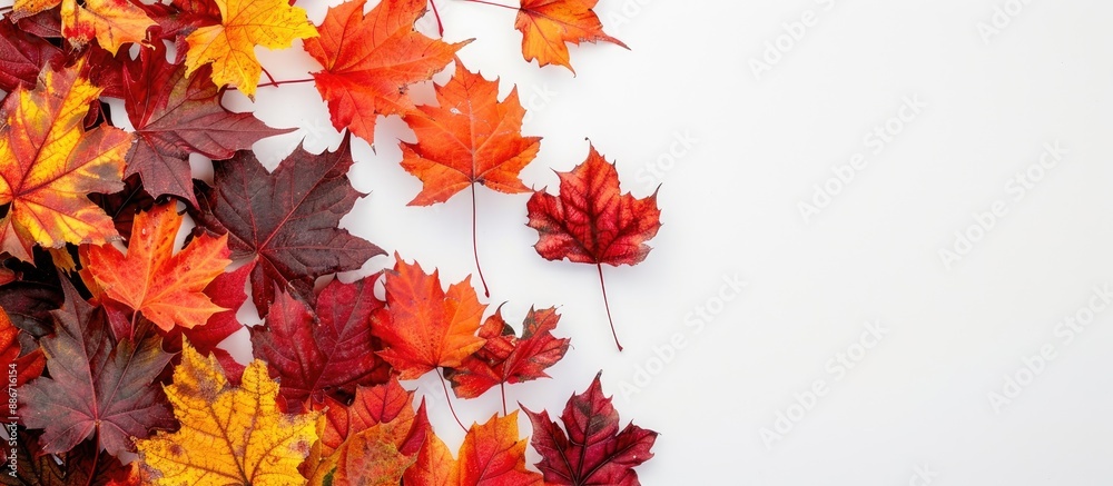 Wall mural red and orange maple leaves in a bouquet arrangement with a white backdrop providing copy space for 