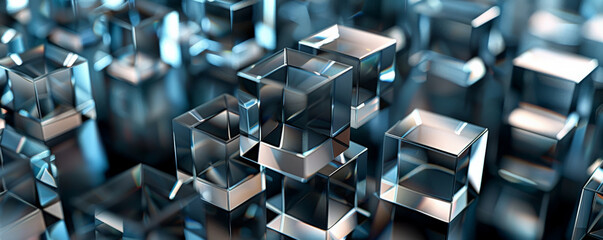 An intricate geometric pattern featuring transparent glass cubes in various sizes, arranged symmetrically on a dark background, with light reflections creating a mesmerizing effect.