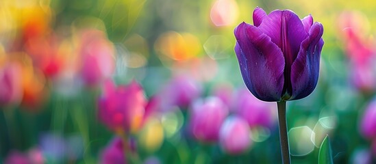 A deep purple tulip in full bloom in a spring garden with a blank space for text copy space image