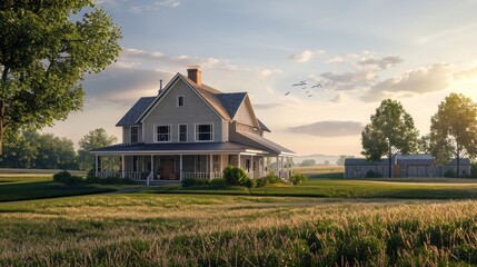 Rural Farmhouse with Wrap-around Porch: Generate a prompt for a photo realistic image of a rural farmhouse with a wrap-around porch, barn doors.
