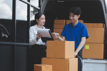 Truck Mover Unloading Van Carrying Boxes And Moving House