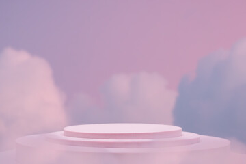 Minimal podium table top in outdoor on blue sky pink pastel soft cloud background.Beauty cosmetic...