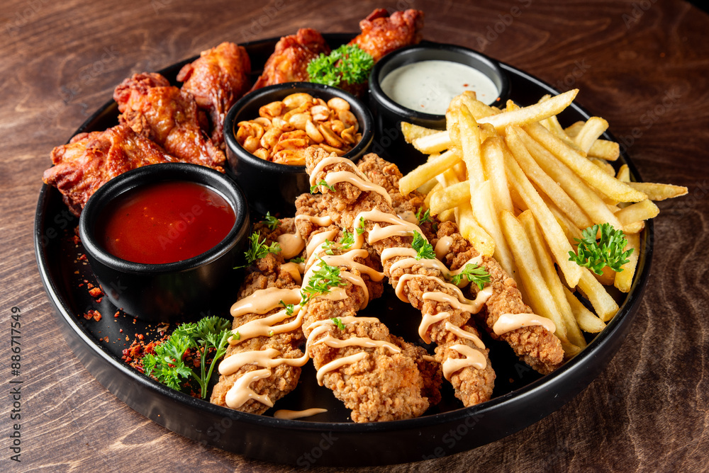 Poster assorted fried food platter with chicken, fries, and sauces on a wooden table.