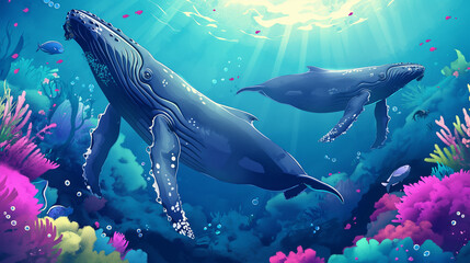 Fototapeta premium A​ couple of ​humpback on the underwater isolation, Illustration