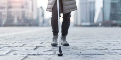 Obraz premium Blind man using tactile cane for navigation in city streets. Concept Blindness, Tactile Cane, City Navigation, Accessibility, Independence