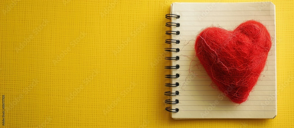 Wall mural red heart shaped woolen toy and torn notebook sheet on yellow paper with a copy space image