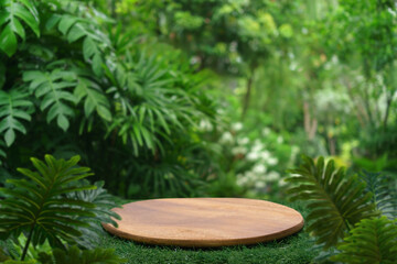 Wood podium table top floor in outdoors tropical garden forest blurred green leaf plant nature...
