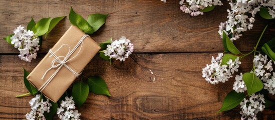 Fototapeta premium Studio shot of a white lilac branch with a surprise box in festive wrapping on a wooden background with ample copy space image