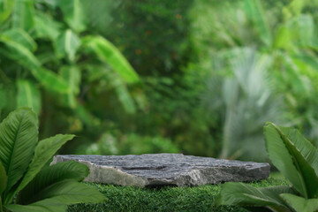Stone tabletop podium floor in outdoors tropical garden forest blurred green leaf plant nature background.Natural product placement pedestal stand display,jungle paradise concept.