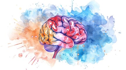 Human brain illustration with abstract watercolor splash background, representing creative mental concepts