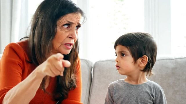 Strict elderly woman grandmother pensioner scold naughty offended kid boy child grandson on couch home serious grandma punishing disobedient grandchild bad behavior demand discipline family conflict 