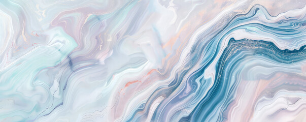 Obraz premium A serene marble texture background showcasing pastel shades of blue, white, and light purple. The soft, flowing patterns and delicate colors create a calming and elegant appearance.