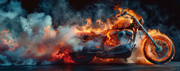 A motorcycle consumed by blazing flames and heavy smoke, isolated on a stark black background, creating a striking and powerful image.