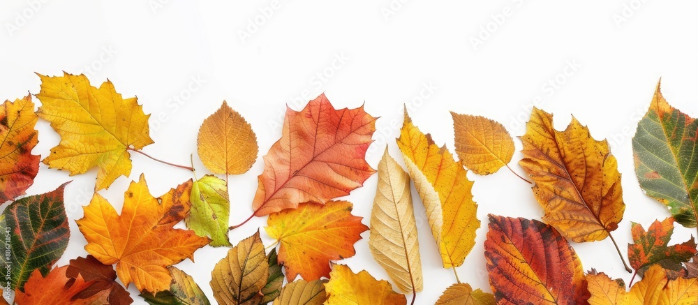 Sticker A vibrant assortment of autumn leaves border a white background providing ample copy space image