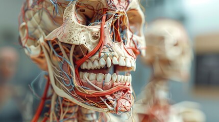 Human skeleton face anatomy with detailed brain, teeth, jaw, and nerves, medical illustration.