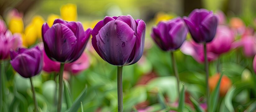 A deep purple tulip in full bloom in a spring garden with a blank space for text copy space image