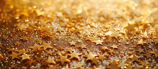 Background with golden star shaped sprinkles creating a festive backdrop with copy space image
