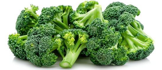 A vibrant bunch of green broccoli set against a clean white backdrop with space around it for additional text or design elements in the image