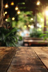 Wooden table setup with plants under sunlight filtering through trees. Serene garden background with lush foliage and clear blue sky. Perfect for product display or lifestyle photography.