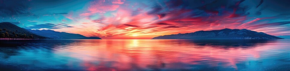 Fototapeta premium Dramatic Sunset Over Mountains and a Calm Lake