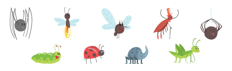 Funny Insect Character with Smiling Face Vector Set