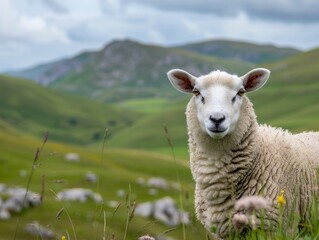Fototapeta premium Majestic White Sheep Grazing on Lush Green Hills Under Clear Sky.