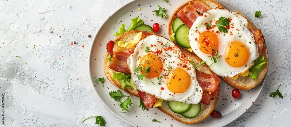 Sticker Top view of open sandwiches featuring fried eggs bacon and fresh veggies on a plate against a light stone backdrop perfect for a copy space image