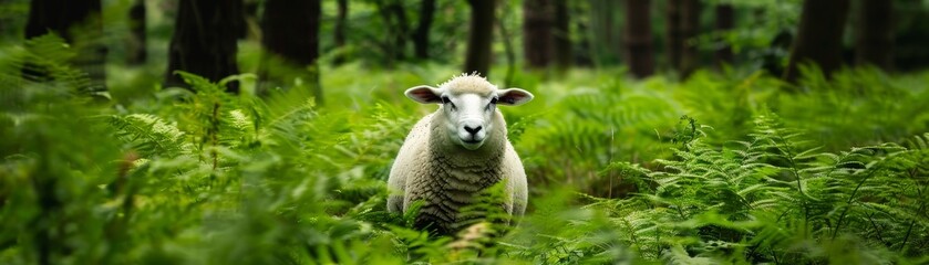 Fototapeta premium Majestic White Sheep Grazing in a Pristine Green Forest Clearing.