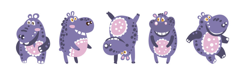 Funny Purple Hippo Character with Cute Snout Vector Set