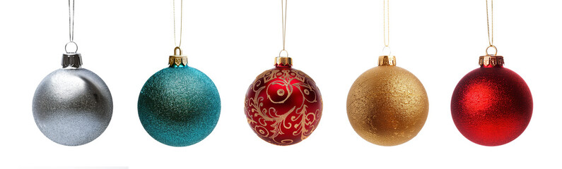 Collection set of five silver, blue, golden and red Christmas balls hanging with a string, photo of Christmas shiny baubles ornaments isolated on white or transparent background, png cut out