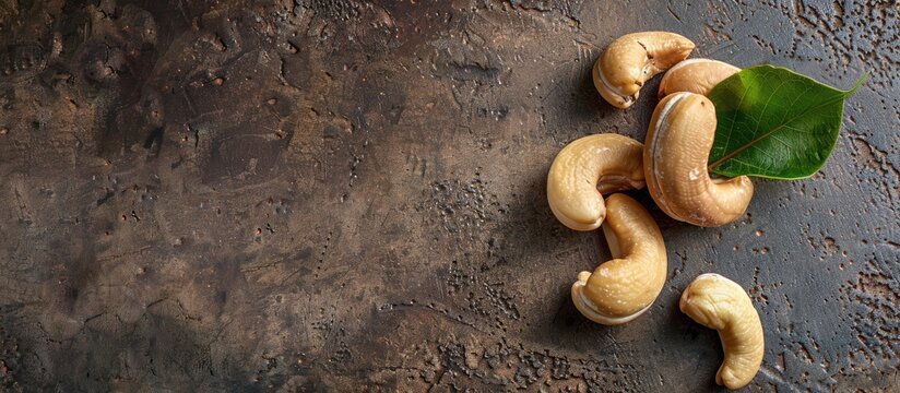 Cashew nut on a tile surface with copy space image an accessory fruit from the Anacardium occidentale tree