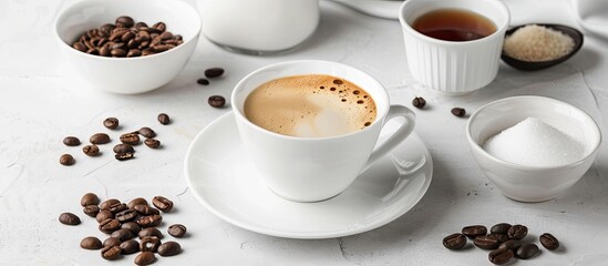Fototapeta premium Coffee concept with a variety of elements like a hot espresso served with milk coffee beans sugar placed on a white surface for a copy space image