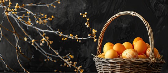 Close up Easter holiday card featuring a basket filled with hen orange eggs against a black backdrop with pussy willow twigs providing a copy space image for text placement in a springtime themed moc