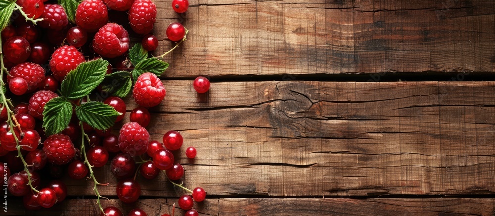 Sticker Wooden background with copy space image featuring vibrant raspberries and red currants