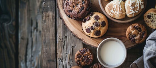 Delicious baked goods on a wooden plate next to a bowl of milk with room for text in the picture. Copy space image. Place for adding text and design