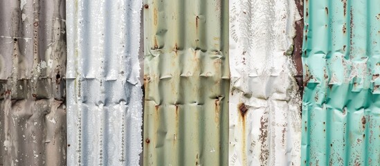 Fototapeta premium Vintage tin metal fence with a corrugated wavy pattern in neutral tones of white grey and green providing a textured background ideal for a copy space image