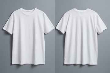 Two white t-shirts placed side by side against a gray background