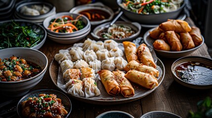 Obraz premium An enticing collection of various types of dumplings and spring rolls set on a white plate, surrounded by greens and sauces, captured with vibrant colors and textures.