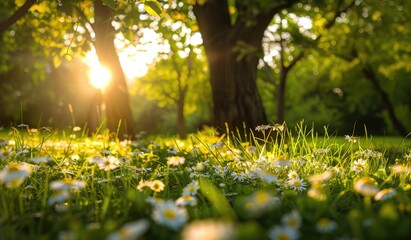 Obraz premium Sunlit Meadow in a Green Forest