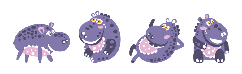 Funny Purple Hippo Character with Cute Snout Vector Set