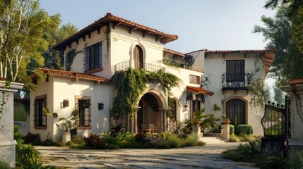 Fototapeta premium Generate a prompt for a photo realistic image of a Spanish Colonial Revival residence with stucco walls, tiled roof, and wrought iron details.