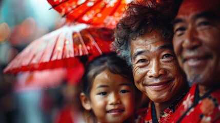 Naklejka premium A family smiles warmly under vibrant red umbrellas in a festive scene, symbolizing unity and joy during a cultural celebration in an outdoor setting.
